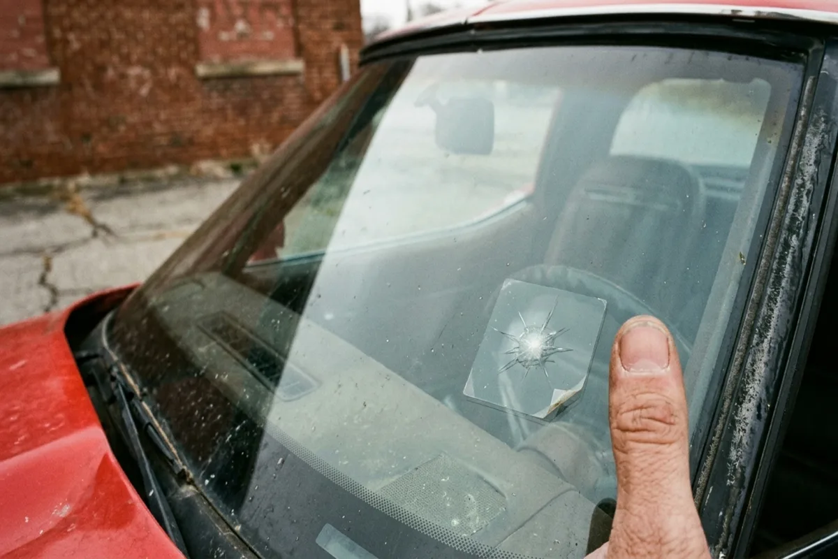 The same windshield after a resin repair, a faint scar where the star was
