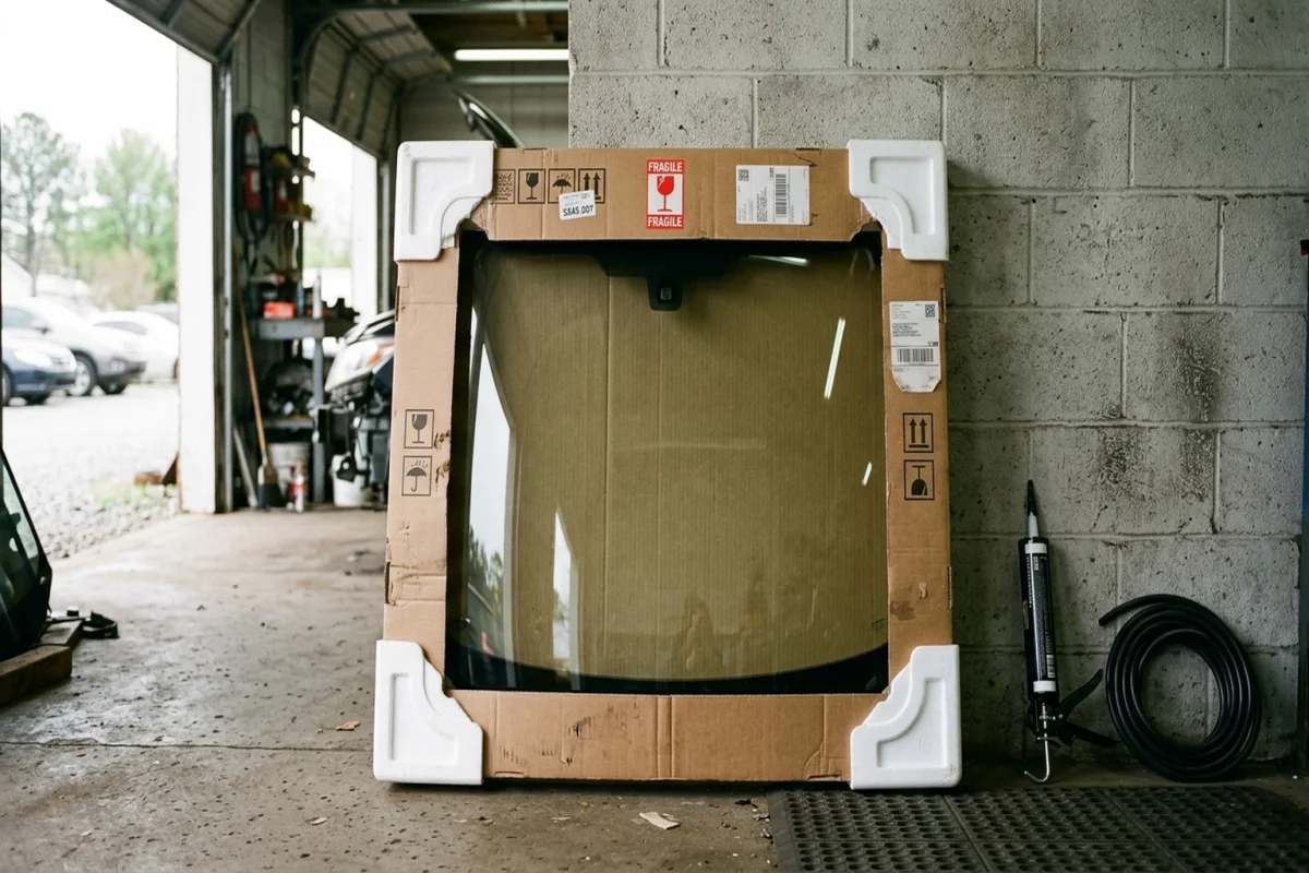 A crated replacement windshield leaning against a shop wall