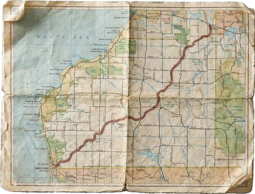 A worn 1990s road map pinned to the wall, an old route traced in red