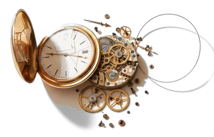 A gold pocket watch pried open, its gears, spring and screws spilling out