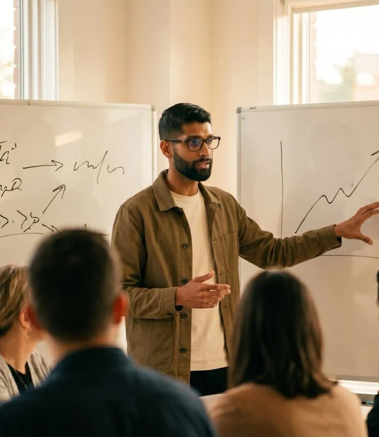 Amit at a whiteboard, pointing at a line chart that turns upward, walking a team through it